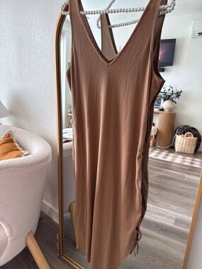 a new day Brown V-Neck Midi Dress with Side Drawstring